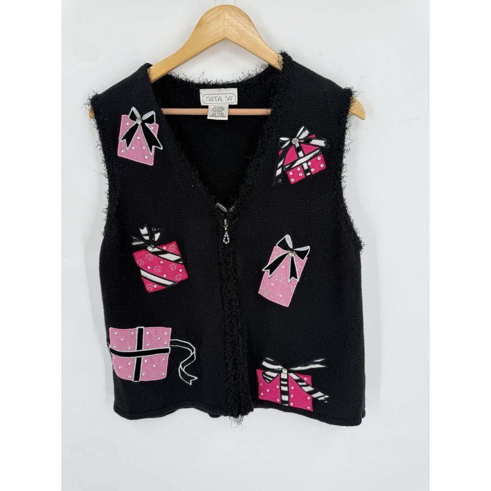 Vintage Mandal Bay Sweater Vest Women's L Gifts Bows Embellished Grandma Cottage